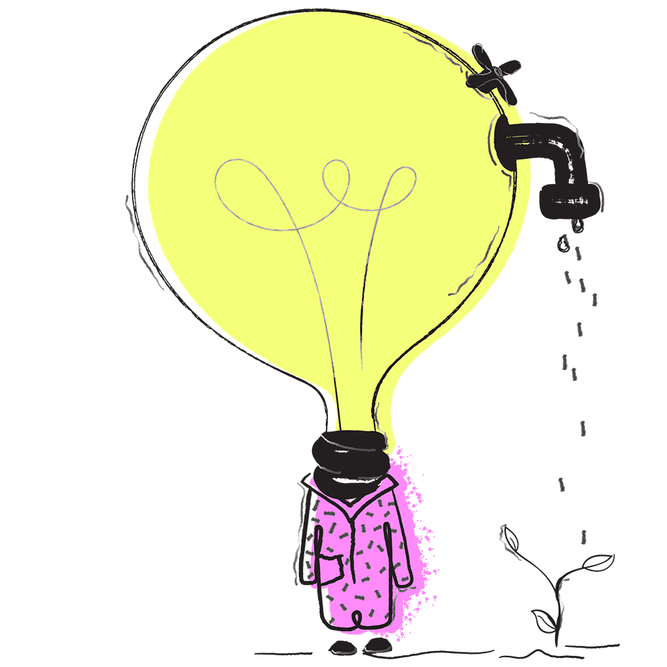 Abstract image of a lightbulb that has a faucet installed on it. The faucet is sprinkling water on a growing plant next to it.