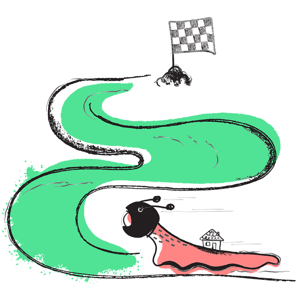 Abstract image of a snail racing towards a finish sign